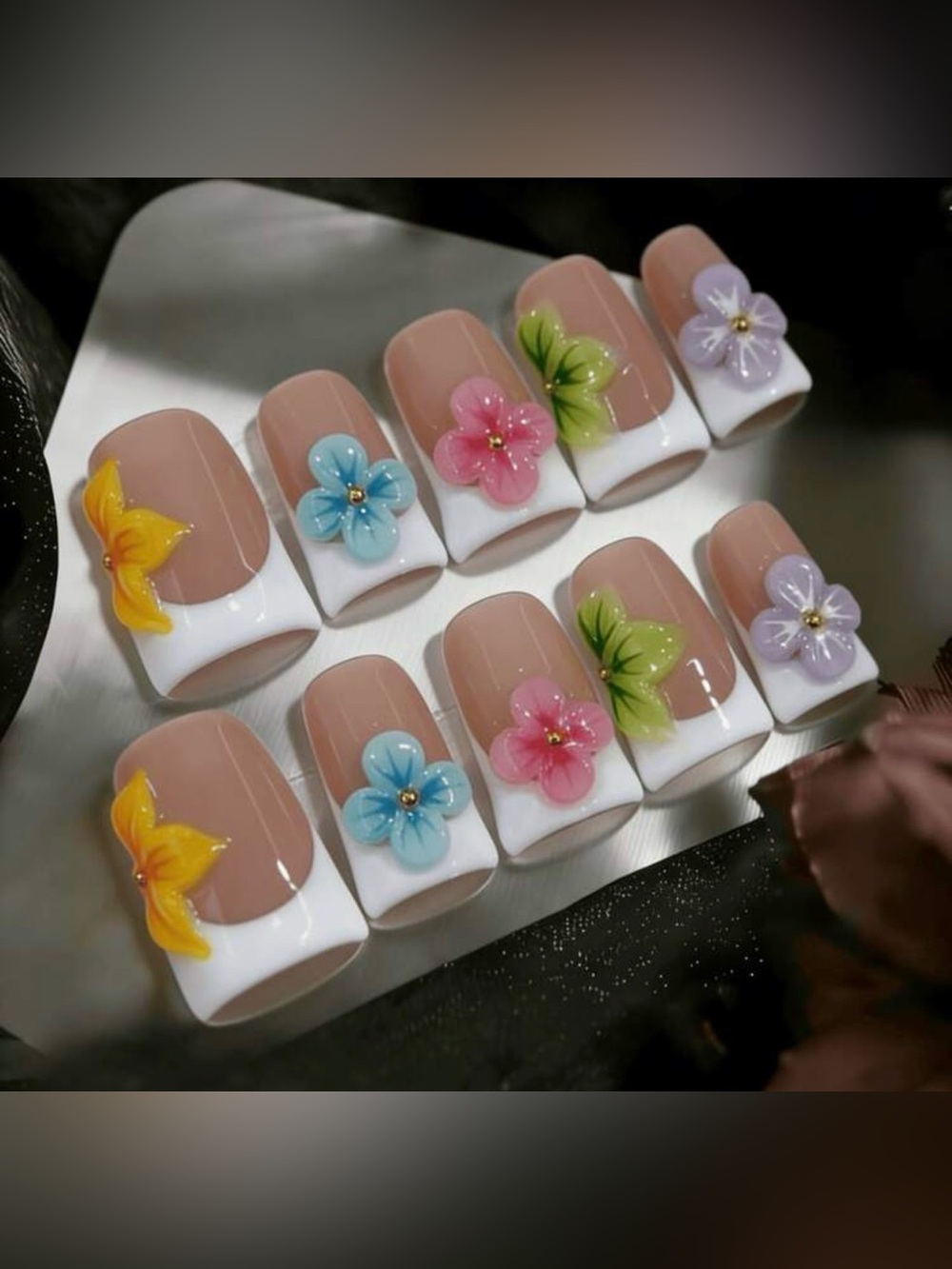 Acrylic handmade French Tip Nails with Multicolor 3D Flower